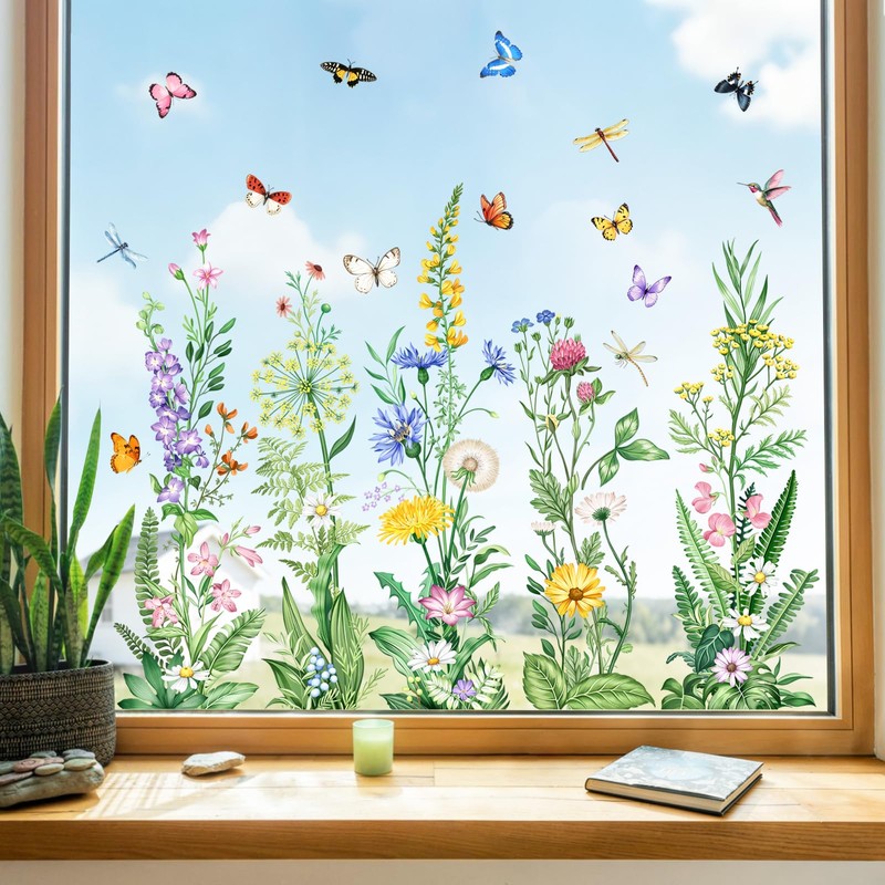 Tanlaby Spring Summer Flower Window Stickers Floral Grass Wildflower Window