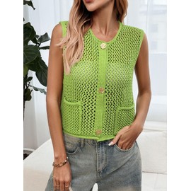 Saodimallsu Womens Crochet Sweater Vest Button Down Sleeveless Crew Neck Boho Knit Crop Tank Tops Summer Cardigans Green
