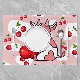 Girls Milk Cow Cherry Placemats Set of 4 Cow Fruit Red Pink Girly Table Mats Placemat Kids Toddler Kawaii Milk Cow Farmhouse Decor Table Place Mats Kitchen Dining Table Collection 45X30cm