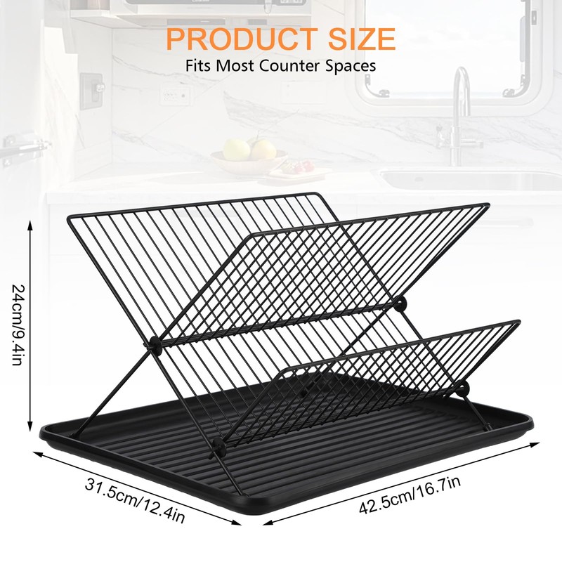 RV Foldable Dish Drying Rack, 2-Tier with Drip Tray, Stainless