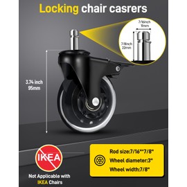 LONGADS Office Chair Caster Wheels with Brakes 5 Packs 3 in for Hardwood Floors and Low Pile Carpet,Heavy Duty Quiet Swivel Replacement -Made from Soft Premium Pu Rubber-Black