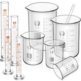 Feekoon 10 Pieces Glass Measuring Beaker Graduated Measuring Cylinder with Stirring Rod 50/100/ 250/500/ 1000 ml Thick Glass Beakers 5/10/ 50/100 ml Graduated Cylinders for Science Lab(5.9 Inch)
