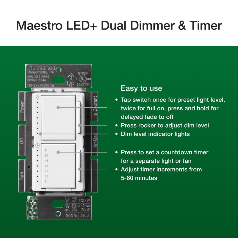 Lutron Maestro LED+ Dual Dimmer and Timer Switch for Lights