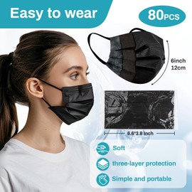 RAINFLOW Black Disposable Face Masks - Individually Wrapped Disposable 3-Ply Face Masks for Adults for Daily Use, Work, Office, School, and Travel 80 PCS