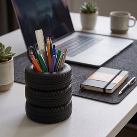 Fun Tire-Shaped Pen Holder – Black PVC Desk Organizer for Pens, Pencils & Office Supplies