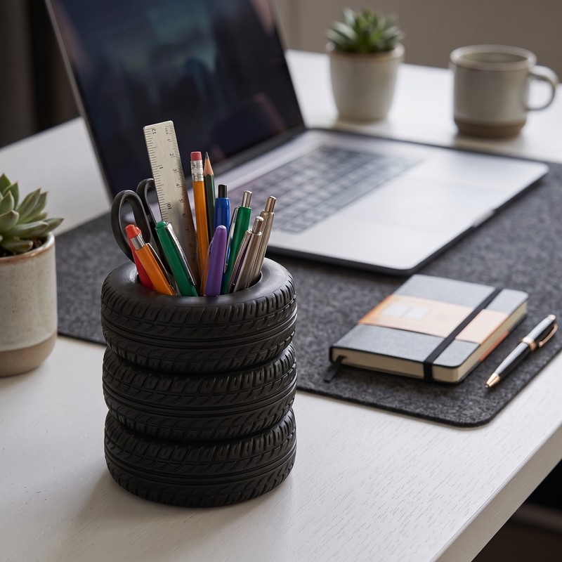 Fun Tire-Shaped Pen Holder – Black PVC Desk Organizer for