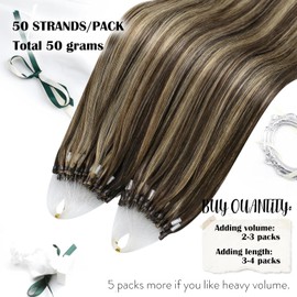Moresoo Microlink Hair Extensions Human Hair Dark Brown Highlight Caramel Blonde Micro Beads Hair Extensions Human Hair Long Straight Micro Link Hair Extensions Human Hair 24inch 50G/50s