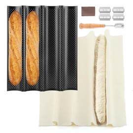 XuYelora 4-Slot French Baguett-e Pan Set, Non-Stick French Bread Baking Pan with Proofing Cloth and Dough Cutter, Making Molds Home Baking Tools Kit for Homemade Bread(SIZE:15x13 Inch)