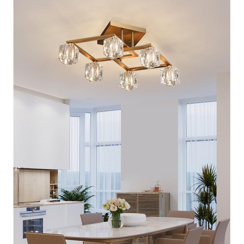 AMZASA Modern Crystal Chandelier,Gold Semi Flush Mount Ceiling Light Antique