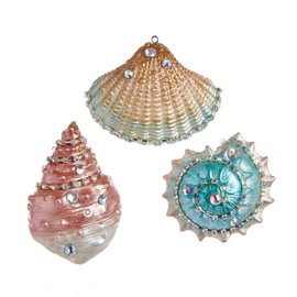 Kurt Adler Encrusted Jeweled Seashells Pink Blue Gold Christmas Holiday Ornaments Set of 3