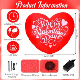 VIHOSE Decoración de Jardín Inflable de Día de San Valentín 3.3 Pies Decoración Inflable de Corazón Luz LED de San Valentín para Fiesta Romántica Boda Aniversario, Decoración de Hogar para Patio