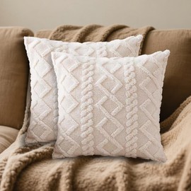 XQIGI Throw Pillow Covers 18x18 inch Set of 2, Double-Sided Faux Wool Beige Couch Cushion Cover Solid Accent Soft Plush Pillow Cases for Sofa Bed Living Room Home Decor