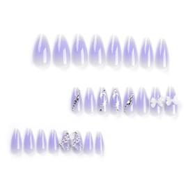 ANDGING Almond Press on Nails Ombre Purple Short Medium Glue on Nails with 3D Star Bow Rhinestone Designs Acrylic Manicure Fake Nails for Women Wedding Full Cover False Stick on Nails 24 Pcs