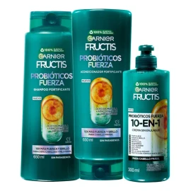 Rutina Capilar Garnier Fructis Probióticos – Shampoo, Acondicionador y 10 en 1 | Cabello Más Fuerte, Brillante y Saludable