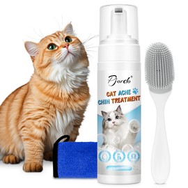 Pjordo Cat Acne Chin Treatment, 6.8 fl.oz Cat Chin Cleaner Kit with Cleaning Brush and Cloth, Remove Cat Chin Blackheads & No-Rinse Foam for Quick Clean, Soothes Chin Acne