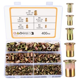 400pcs Rivet Nut Set Flat Head Threaded Rivets Nut Inserts Assortment Set Carbon Steel SAE UNC Rivets Nuts Nut Inserts 5# 8-32 10-24 1/4-20 5/16-18