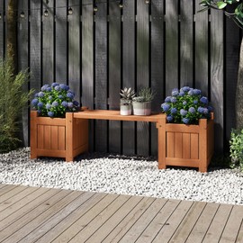 Giantex 2-in-1 Outdoor Bench with 2 Raised Garden Beds, Wood with Teak Oil Finish, Planter Boxes with Open-Ended Base, Garden Bench Seat for Porch Balcony Lawn Yard, DIY Assembly, 42"x11"x11.5"