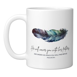 Psalm 91.4 He Will Cover You With His Feathers Bible Verse Ceramic Mug, White