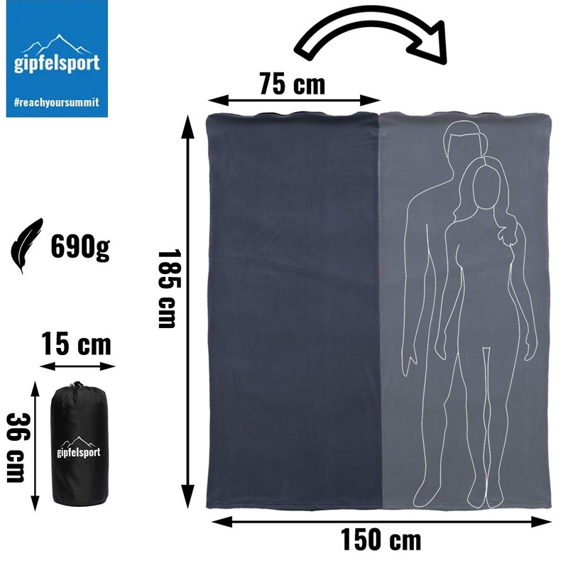 gipfelsport Microfibre Fleece Blanket with Sleeping Bag Function, Size 185