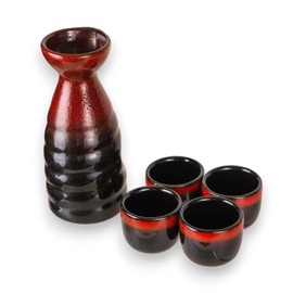 Hinomaru Collection Reactive Glaze Japanese Sake Set Tokkuri 10 fl oz Bottle with Four Sake Ochoko Cups 2 fl oz Drinkware (Red Black)