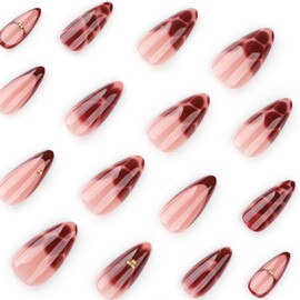 CEWEWP Wine Red Flower Press on Nails Medium Dark Red Full Cover Fake Nails Wine Red French Tip Glue on Nails with Design Glossy Stick on Nails Acrylic Nail Almond False Nails for Women Manicure 24Pcs