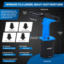 GRYVOZE Pneumatic Rivet Gun Air Pop Riveter Tool Kit with 1/8", 5/32", 3/16", 1/4" Rivet Nozzles, Pneumatic Riveting Gun, Upgraded Air Riveter Hydraulic Pop Riveting Rivets Tool, No-Self-Suction