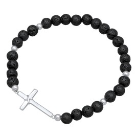 Kuzzoi Buddha 0210991923 Men's Bracelet Natural Stone Pearl Bracelet Lava 6 mm Cross 925 Sterling Silver Real Stone Bracelet for Men Length 19-21 cm, Sterling Silver Stone Nylon, Lava Rock