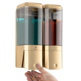 Shampoo and Conditioner Dispenser,Shower Dispenser 2 Chamber No Drill Shampoo Dispenser for Shower Wall Mounted Shower Soap Dispenser for Bathroom Hotel,Large Capacity 2 * 500ML,Gold