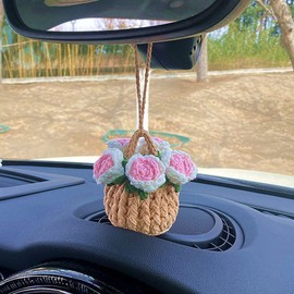 AuMoHall Cute Flower Car Pendant Crochet Potted Plants Car Rear View Mirror Hanging Ornament Handmade Knitted Flower Basket Car Interior Decoration Accessories, Pink Rose