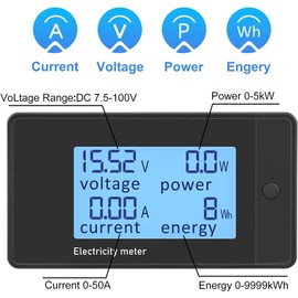 Diystudio Digital Ammeter Voltmeter DC 7.5-100V 50A Voltage Tester Power Meter Energy Meter Volt Amp Watt Meter Voltage Current LCD Display 75mV Multimeter with Shunt