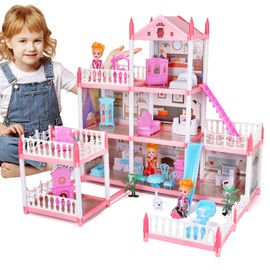 Pink Dollhouse Playset with Lights for Girls 6-12,Dream House with Garden, 3 Dolls 9 Rooms,Pet Dog and Furnitures,Indoor Playset Toys,Great Birthday Gift for Girls.
