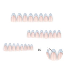 24 Pcs Medium Almond Press on Nails French Tip Baby Blue Fake Nails 3D Water Ripple Nail Charms False Nude Pink Press on Nails Artificial Glossy Acrylic Nails Full Cover Stick on Nails for Women Girls