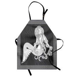 Ambesonne Mermaid Apron, Retro Art Illustration of a Girl Brushing Hair and Border Celtic Patterns, Unisex Kitchen Bib with Adjustable Neck for Cooking Gardening, Adult Size, Grey