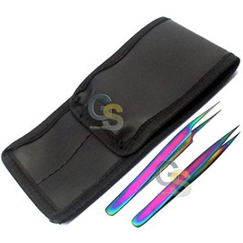 Set of 2 Stainless Steel Multi Titanium Rainbow Color 3d Eyelash Extension Tweezers Straight + Pro Straight Fine Point by G.S Online Store