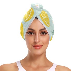 Paquete de 2 toallas de pelo de limón sobre fondo azul claro, súper absorbentes, para secar el cabello, turbantes de cabello de secado rápido, toalla de cabeza con botón para mujeres y niñas
