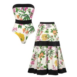 FLAXMAKER Sequin Embroidered Bird One Shoulder Printed One Piece Swimsuit and Skirt (US, Alpha, Medium, Regular, Regular, Swimsuit Bow Tie and Falda)