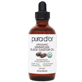 PURA D'OR 4 Oz Aceite de Ricino Orgánico Jamaicano Negro - Aroma Natural Ahumado - 100% Puro Certificado USDA Prensado en Frío, Libre de Hexano Suero 