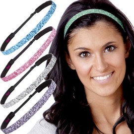 Hipsy PETITE Size, Adjustable No Slip Sparkly Bling Glitter Skinny 5pk Headbands for Women Girls & Teens (Skinny Princess/Seafoam/Silver/Light Pink/Light Blue)