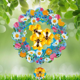 WindMage Honey Bee Wind Spinners for Yard and Garden,12 Inch 3D Stainless Steel Hanging Kinetic Yard Art Wind Sculpture, Kinetic Art Garden Decor for Christmas Outdoor & Indoor