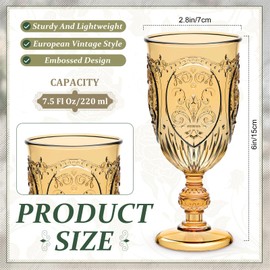 Wiwiqing 6 Pcs Plastic Goblets 7.5oz Vintage Goblet Plastic Wine Glasses Colored Retro Embossed Water Goblets for Wine Bar Juice Baby Shower Wedding Reception Grand Event Party (Amber)