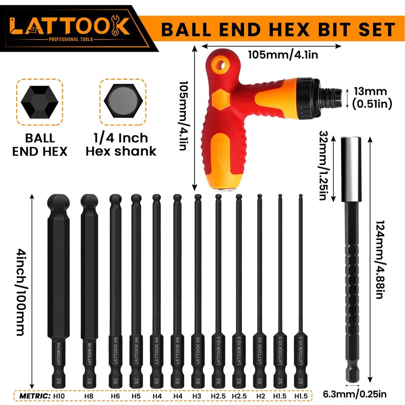 Metric Ball End Hex Bit Set with T Handle Ratchet