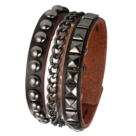 JewelryWe Black Spike Studded Bracelet with Chain Wrapped Punk Rock Biker Leather Cuff Bracelets Wristband for Men,Adjustable