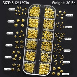 XEAOHESY 2 Boxes Gold Nail Charms Sun Moon Star Nail Rivets Ocean Nail Studs Pearls Caviar Beads for Nails Summer Starry Sky Beach Charms for Nails with Pickup Pen and Tweezers