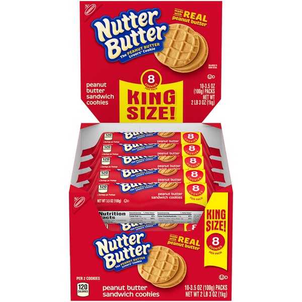 Nutter Butter Peanut Butter Sandwich Cookies, King Size, 10 - 3.5 oz Snack Packs