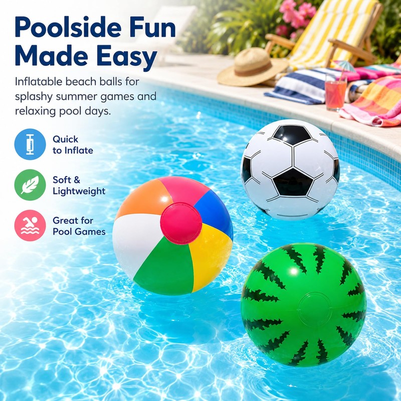 3 Pack Inflatable Beach Balls - Watermelon & Football Designs