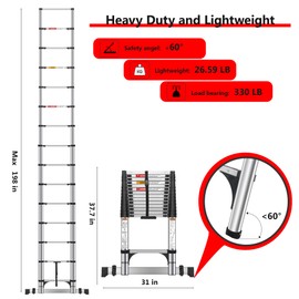 DEZEX 16.5 FT Telescoping Ladders Stainless Steel Telescopic Ladder - Multi-Button Retraction Collapsible Ladder for Home,RV,Loft, Lasts 375 LBS with 2 Triangle Stabilizers,Balance Bar and Wheels