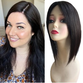 MYMYDA Hair Toppers for Women Real Human Hair 12 Inch Pieces with Clips for Thinning Hair, Natural Black, Silk Base 8"x12"