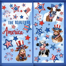 Celestdeco America Patriotic Window Clings,Independence Day Wall Stickers,4th of July Window Sticker,Highland Cow Heifer Wall Decals,USA Stars Flag Firework Decor for Home Kitchen Room Office School