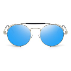 RONSOU Steampunk Style Round Vintage Sunglasses Retro Eyewear UV400 Protection Matel Frame silver&blue