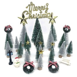NotiGat Miniature Christmas Pine Tree Mini Bottle Brush Christmas Trees Table top Village Winter Tree for Christmas Decorations Wooden Bases （36pcs）